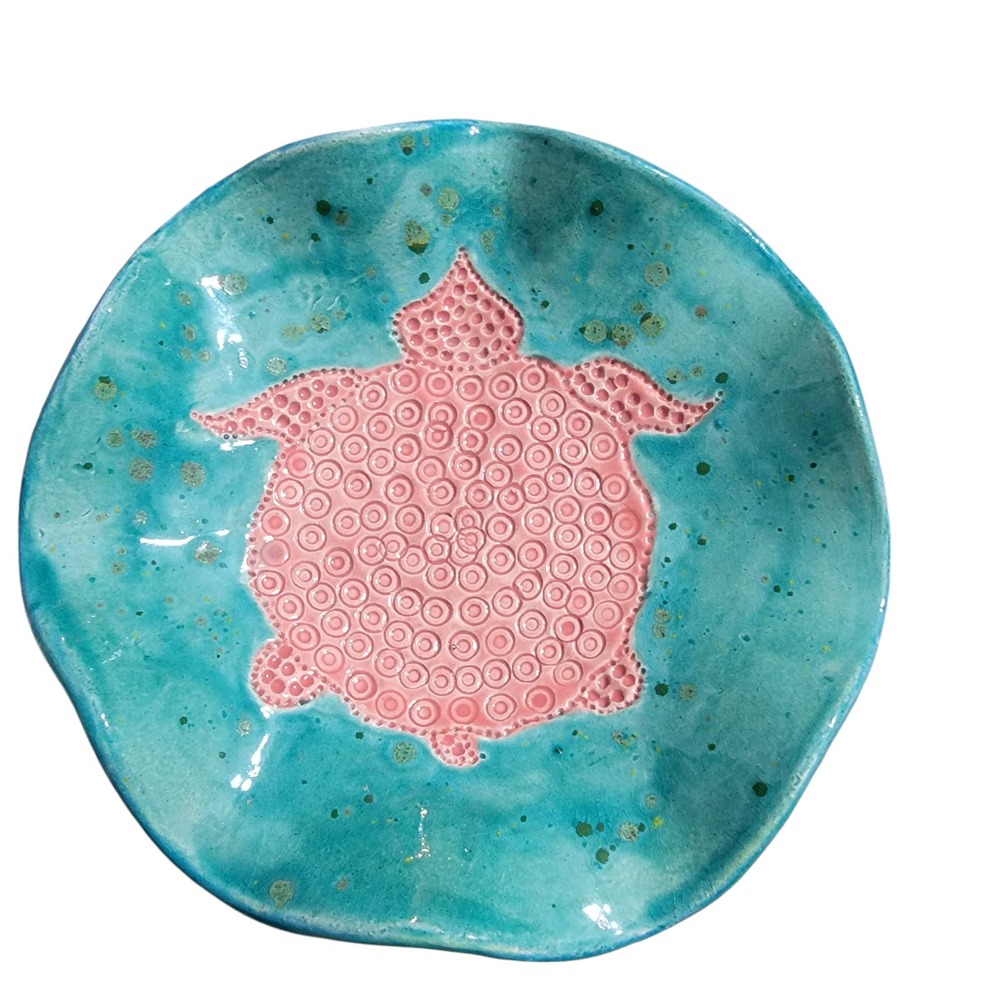 Pottery handmade sea turtle 8 inch ruffled‎ edge beachy jewelry trinket dish